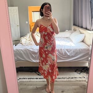 Vintage 100% Silk Asian Patterned Red Slip Dress